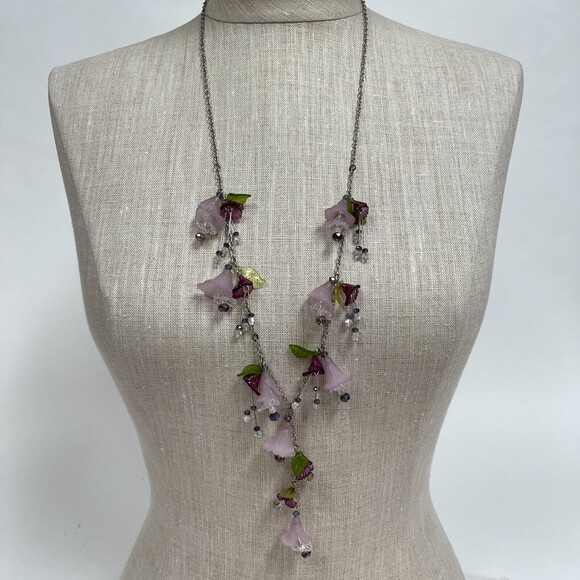 Silver-tone Chain Purple Clear Green Flowers Women's Fashion Necklace NWOT - Picture 1 of 8